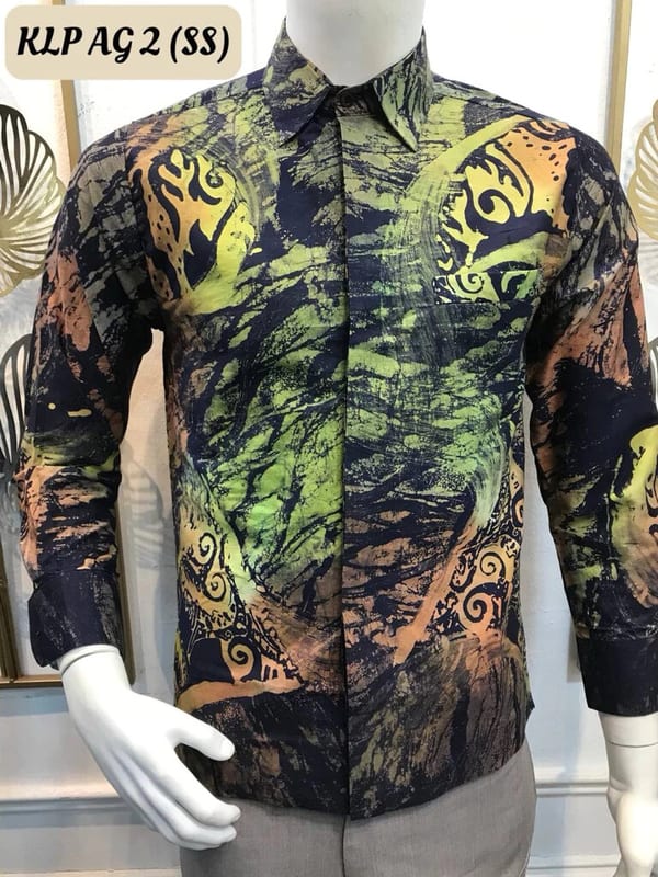 Men's long-sleeve batik shirt KLP AG 2 in navy, green and orange, on a mannequin