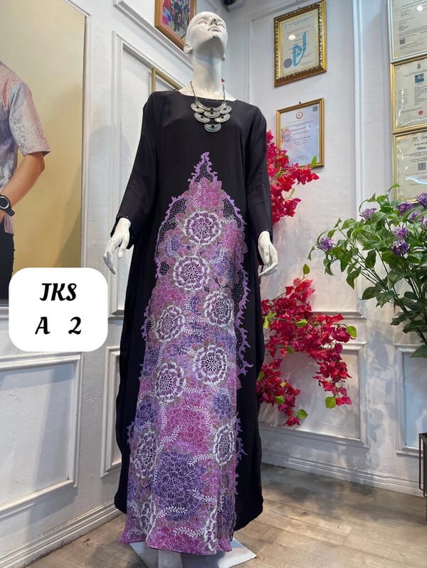 Women's silk crepe batik kaftan JKS A 2 in black, purple and pink, on a mannequin