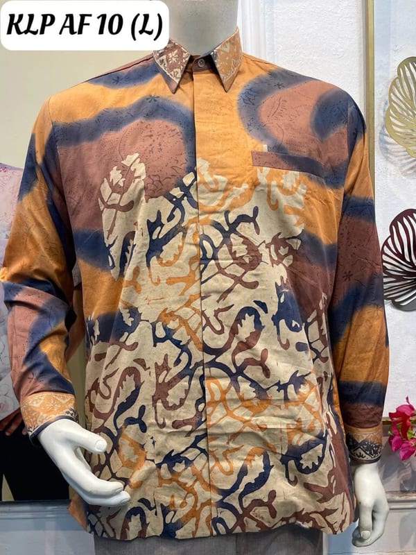Men's long-sleeve batik shirt KLP AF 10 in orange, navy and cream, on a mannequin