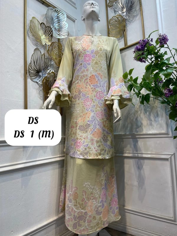 Women's silk crepe batik baju kurung moden DS DS 1 in pale green, pink, lilac and peach, on a mannequin