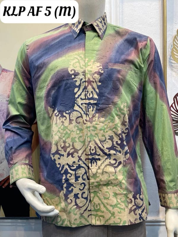 Men's long-sleeve batik shirt KLP AF 5 in green, purple and cream, on a mannequin