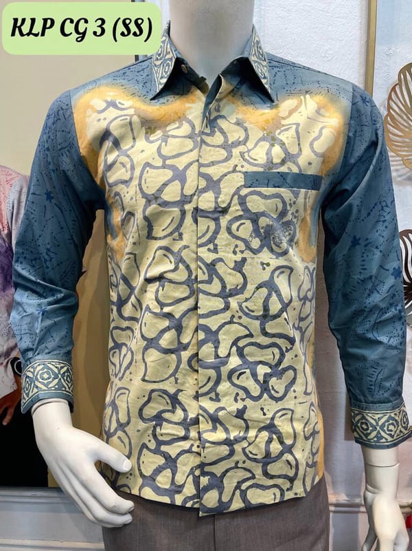 Men's long-sleeve batik shirt KLP CG 3 in blue, cream and orange, on a mannequin