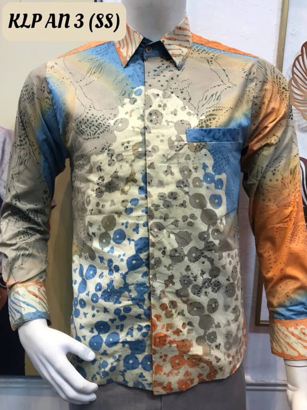 Men's long-sleeve batik shirt KLP AN 3 in cream, blue and orange, on a mannequin