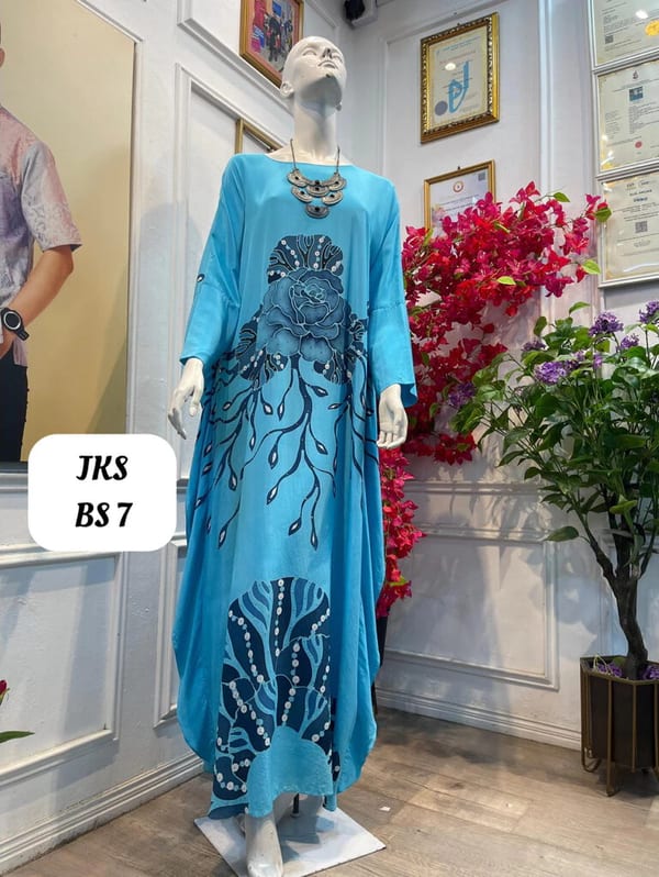 Women's silk crepe batik kaftan JKS BS 7 in sky blue and navy, on a mannequin