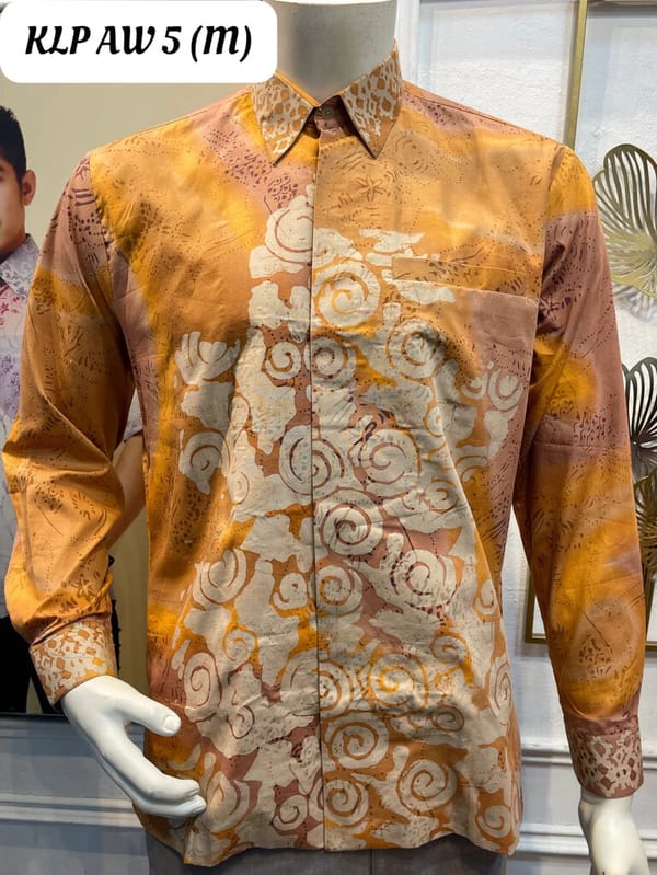 Men's long-sleeve batik shirt KLP AW 5 in orange, cream and brown, on a mannequin