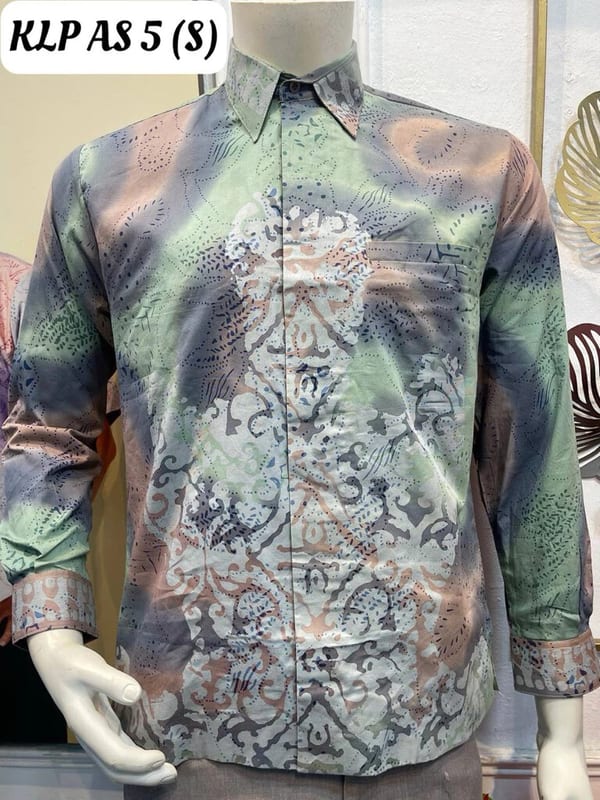 Men's long-sleeve batik shirt KLP AS 5 in mint green, grey and peach, on a mannequin