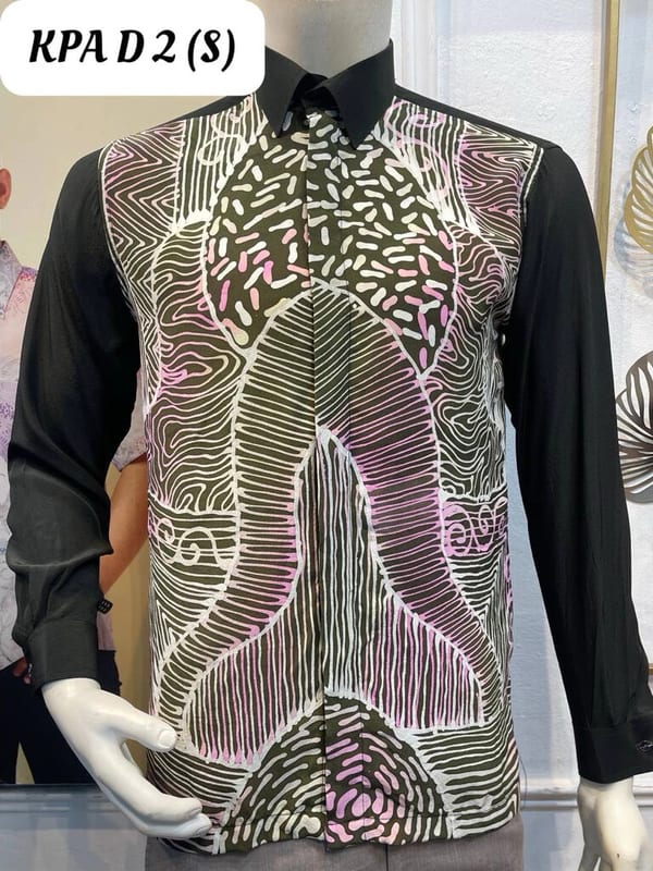 Men's long-sleeve silk crepe batik shirt KPA D 2 in black, olive green, pink and white, on a mannequin