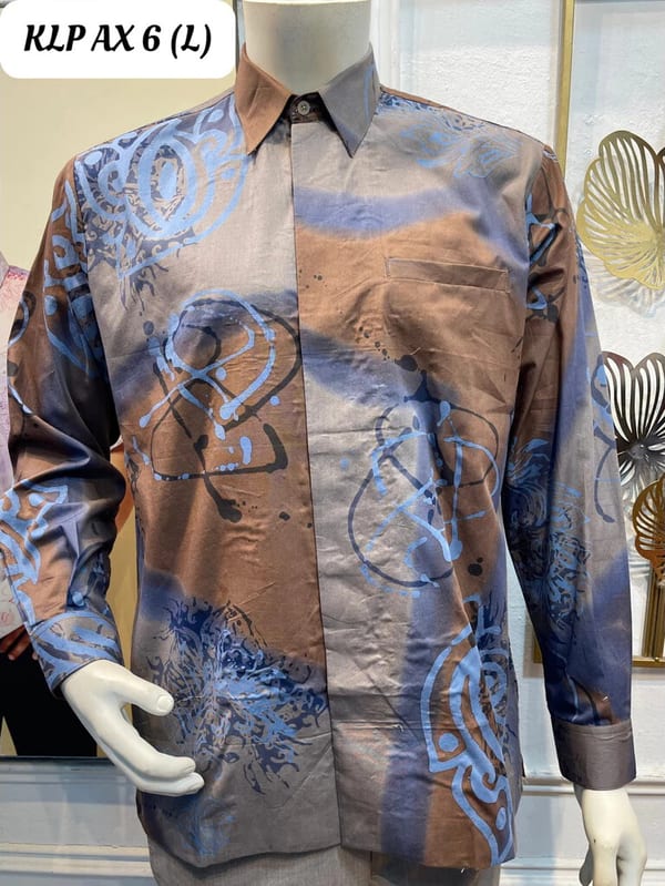 Men's long-sleeve batik shirt KLP AX 6 in brown, grey and light blue, on a mannequin