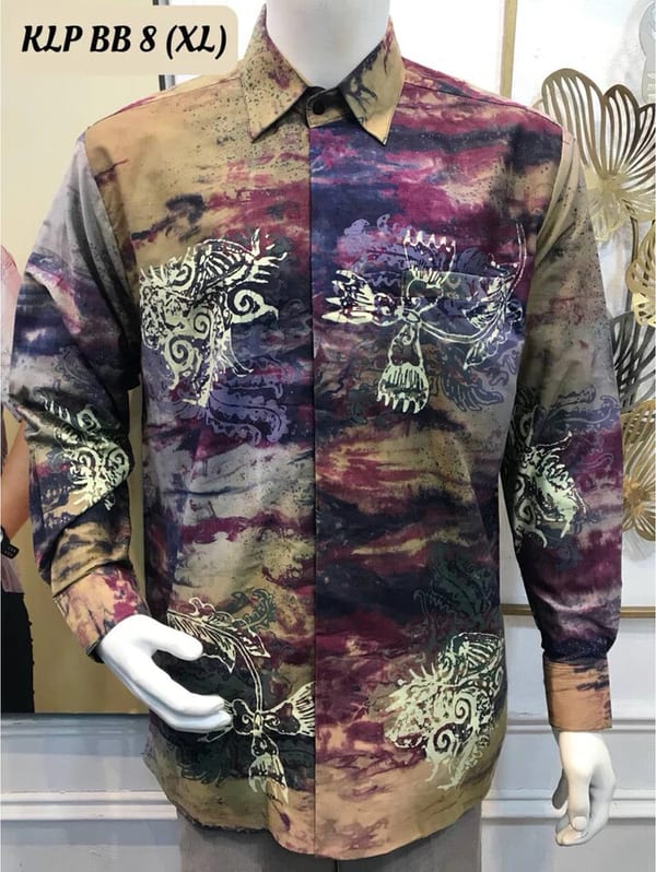 Men's long-sleeve batik shirt KLP BB 8 in grey-green, maroon and navy, on a mannequin