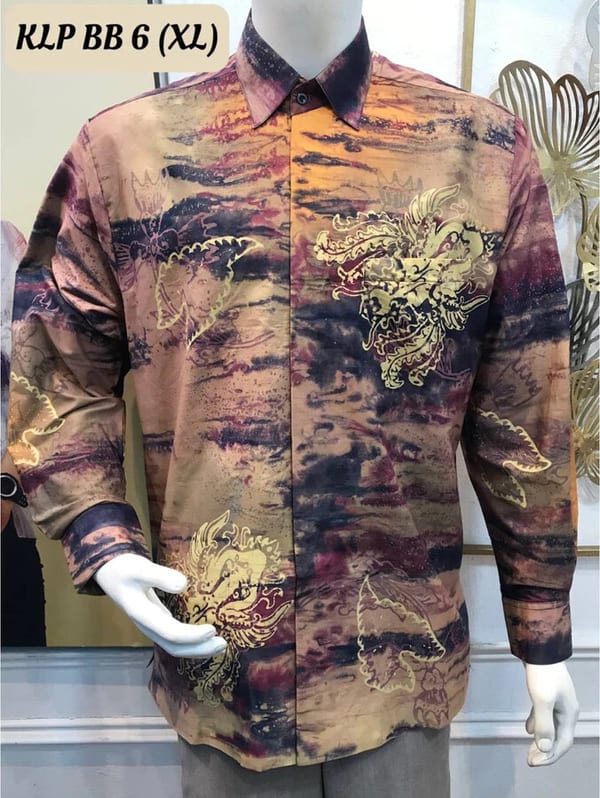 Men's long-sleeve batik shirt KLP BB 6 in pink, maroon and navy, on a mannequin