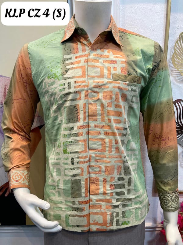 Men's long-sleeve batik shirt KLP CZ 4 in mint green, orange and cream, on a mannequin