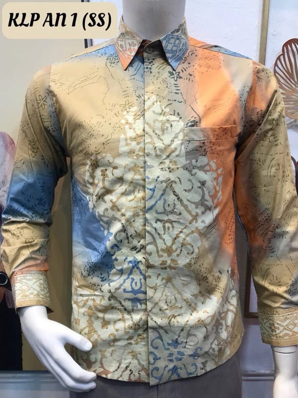 Men's long-sleeve batik shirt KLP AN 1 in sand, blue and orange, on a mannequin