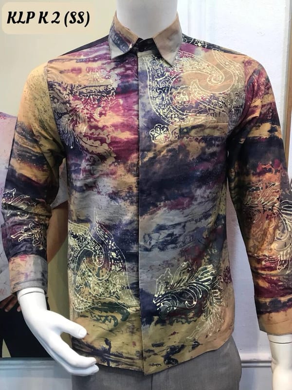 Men's long-sleeve batik shirt KLP K 2 in mustard, maroon and navy, on a mannequin