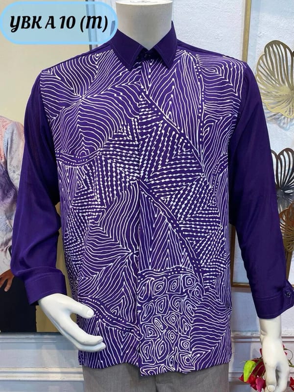 Men's long-sleeve silk crepe batik shirt YBK A 10 in purple and white, on a mannequin