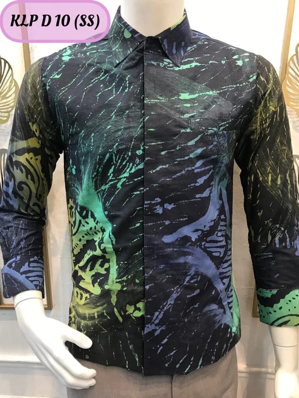 Men's long-sleeve batik shirt KLP D 10 in black, mint green and blue, on a mannequin