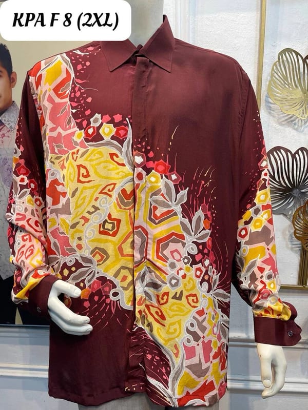 Men's long-sleeve silk crepe batik shirt KPA F 8 in maroon, yellow and red, on a mannequin